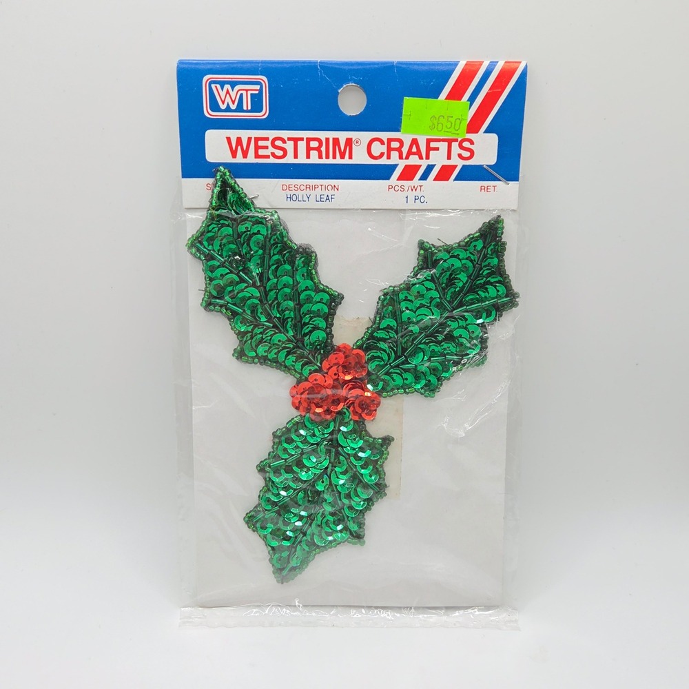 Christmas HOLLLY & BERRIES Sequin Applique 5" NEW Vintage 90's Holiday Ugly Glam